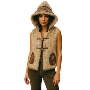 Aryeh Faux Fur Hooded Afghan-Inspired Boho Vest with Embroidered Trim Size XL